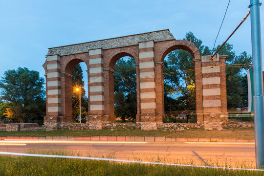 Night photo of Ruins of Roman Aqueduct in city of Plovdiv, Bulgaria