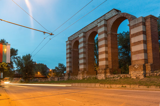 Night photo of Ruins of Roman Aqueduct in city of Plovdiv, Bulgaria