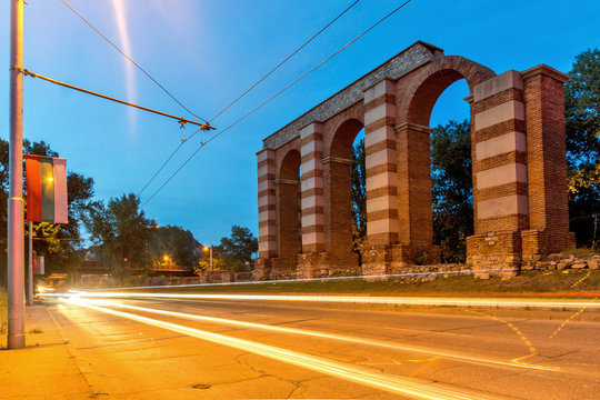 Night photo of Ruins of Roman Aqueduct in city of Plovdiv, Bulgaria