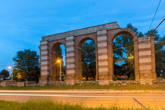 Night photo of Ruins of Roman Aqueduct in city of Plovdiv, Bulgaria