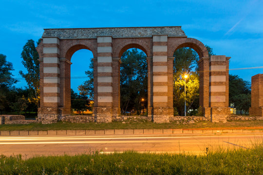 Night photo of Ruins of Roman Aqueduct in city of Plovdiv, Bulgaria