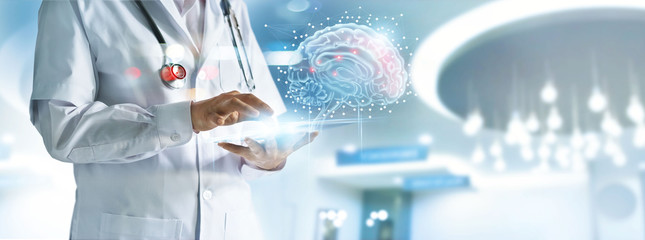 Doctor checking brain testing result with computer interface, innovative technology in science and medicine concept - Powered by Adobe