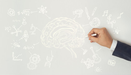 human drawing, creative brain idea concept, sciences and arts on white wall background