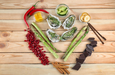 Different aphrodisiac food for increasing sexual desire on wooden table