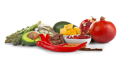 Different aphrodisiac food for increasing sexual desire on white background
