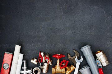 Top view of the plumbing equipment on a black background