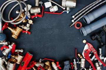 Top view of the plumbing equipment on a black background