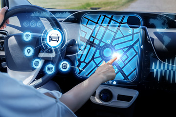 futuristic vehicle and graphical user interface(GUI). intelligent car. connected car. Internet of...