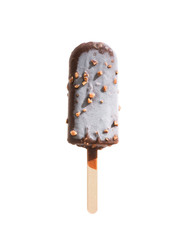 Ice cream popsicle coated with chocolate and nuts on wooden stick isolated on white background (clipping path included), cold refreshment in summer