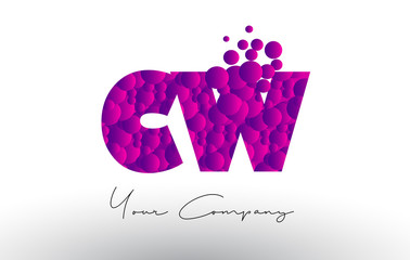 Fototapeta premium CW C W Dots Letter Logo with Purple Bubbles Texture.