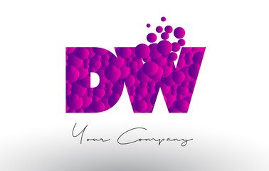 DW D W Dots Letter Logo with Purple Bubbles Texture.