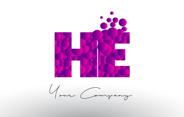 HE H E Dots Letter Logo with Purple Bubbles Texture.