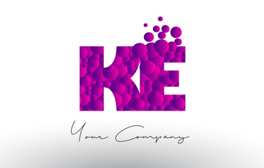KE K E Dots Letter Logo with Purple Bubbles Texture.