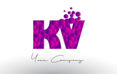 KV K V Dots Letter Logo with Purple Bubbles Texture.