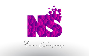 NS N S Dots Letter Logo with Purple Bubbles Texture.