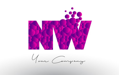 NW N W Dots Letter Logo with Purple Bubbles Texture.