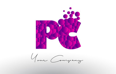 PC P C Dots Letter Logo with Purple Bubbles Texture.