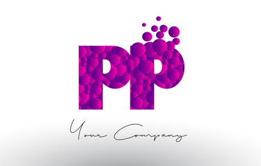 PP P Dots Letter Logo with Purple Bubbles Texture.