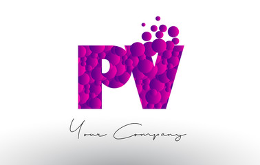 PV P V Dots Letter Logo with Purple Bubbles Texture.