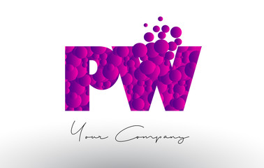 PW P W Dots Letter Logo with Purple Bubbles Texture.