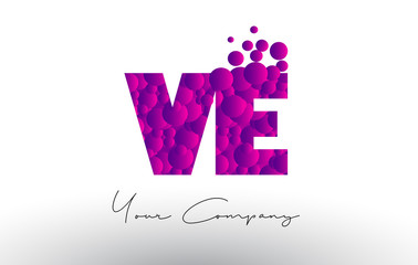 VE V E Dots Letter Logo with Purple Bubbles Texture.