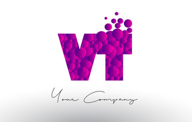 VT V T Dots Letter Logo with Purple Bubbles Texture.
