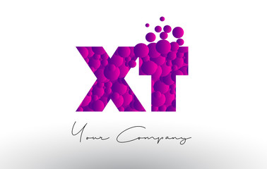 XT X T Dots Letter Logo with Purple Bubbles Texture.