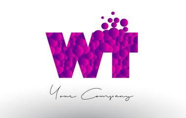 WT W T Dots Letter Logo with Purple Bubbles Texture.