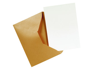 One single brown envelope top flap open with invite invitation greeting or post card inside...