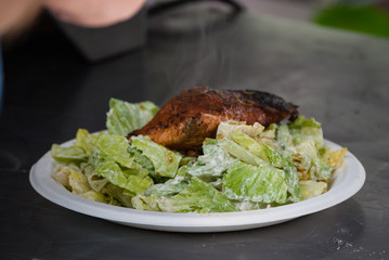 Smoked Salmon Steak and Salad Served at Local food truck festival