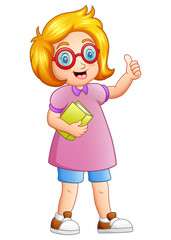 Cute girl in glasses with holding a book giving thumbs up