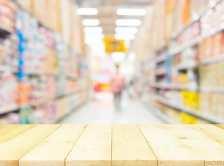 Supermarket or retail store blur background. That is a self-service shop offer grocery and variety of food, beverage and household product on shelf or rack. For shopping background or product display.
