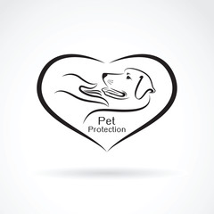 Vector of a dog and hand in the heart on white background. Pet protection.