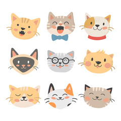 Obraz na płótnie Canvas Cats heads vector illustration cute animal funny decorative characters feline domestic trendy pet drawn