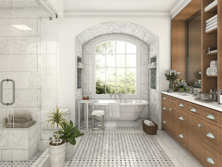 3d rendering wood and tile design bathroom near window with arc brick wall