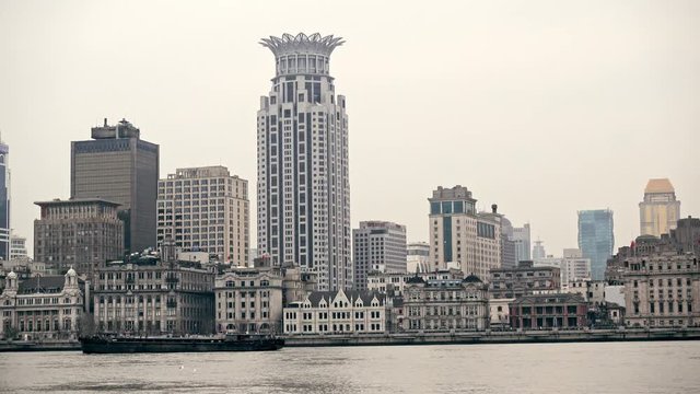 River Boats on the Huangpu River and as Background the Skyline of the Northern Part of Puxi