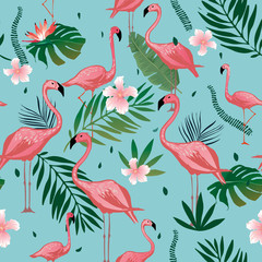 Pink Flamingo seamless pattern with tropical leaves and flowers. Vector background design with flamingos for wallpaper, fabric, textile. - 159248383