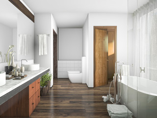 Fototapeta na wymiar 3d rendering wood and tile design bathroom near window an curtain