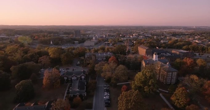 Aerial sunset view of downtown city skyscrapers in Maryville, Tennessee, USA Maryville college 4k
