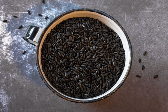 Heirloom Forbidden Black Rice in a Metal Cup