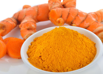 Turmeric (Curcuma) powder isolated on white background.