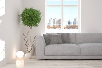 White room with sofa and urban landscape in window. Scandinavian interior design. 3D illustration