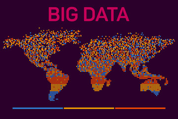 Big data visualization with worldmap mosaic template silhouette. Machine learning algorithms. Analysis of information. Visual data infographics design. Science and technology vector background.