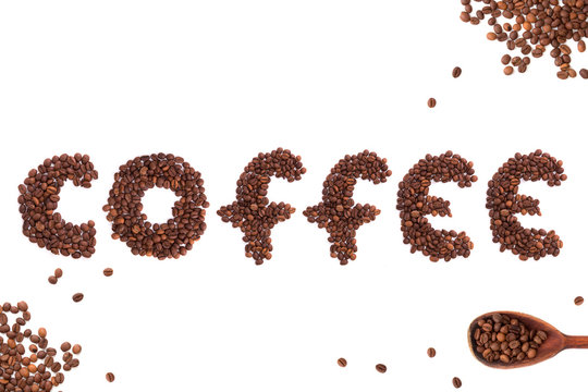 Word of coffee beans on white background