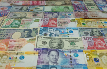Foreign currencies are spread widely.
