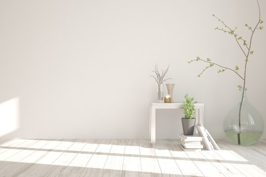 White modern room with vase. Scandinavian interior design. 3D illustration
