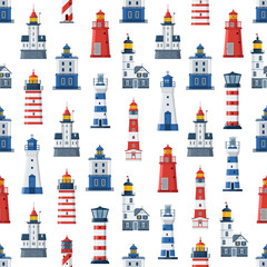 Cartoon lighthouse pattern. Red and blue sea guiding light houses seamless background. Sea pharos or beacon maritime backdrop. Vector searchlight towers of different types.