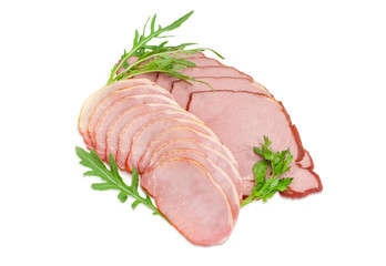 Sliced cooked pork loin and ham with greens