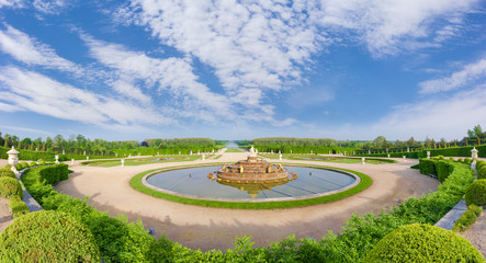 Panorama of the Latona Fountain in Gardens of Versailles, France