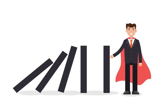 Domino effect. Businessman holding the domino. Vector illustration.